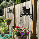 Yorkshire terrier metal hanging basket bracket mounted on outdoor wall for plant decoration