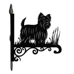 Yorkshire terrier metal hanging basket bracket mounted on outdoor wall for plant decoration