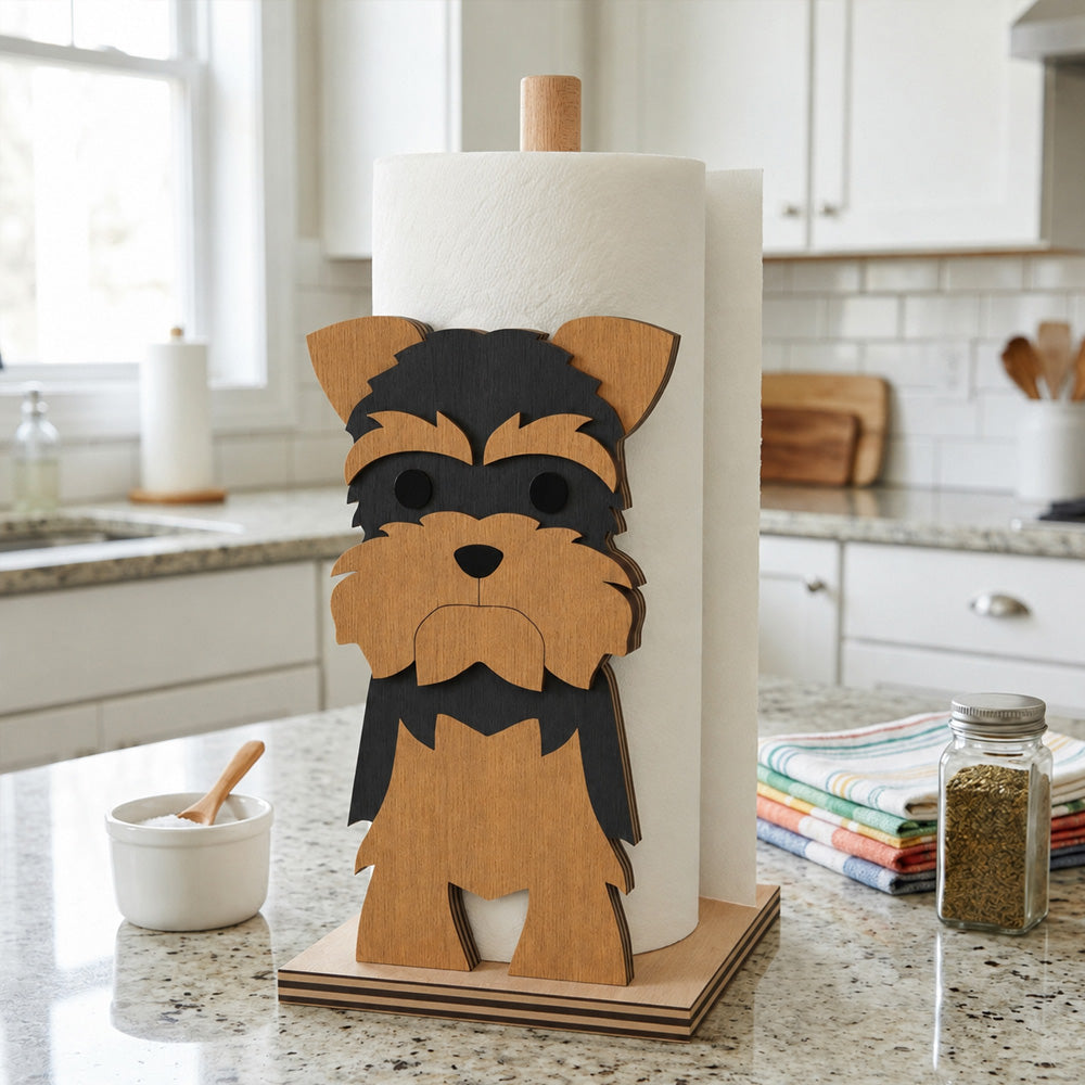 Yorkshire Terrier Wooden Dog Paper Towel Holder displayed on a kitchen countertop with a freestanding paper towel roll