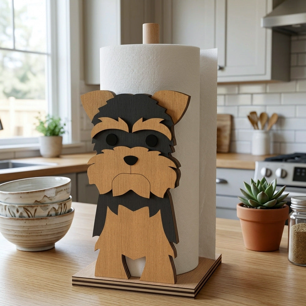 Yorkshire Terrier Wooden Dog Paper Towel Holder displayed on a kitchen countertop with a freestanding paper towel roll