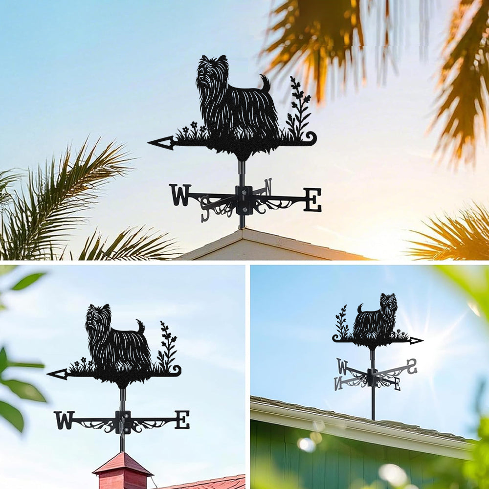 Yorkshire terrier metal weather vane with directional arrows and mounting rod, outdoor roof and garden decoration